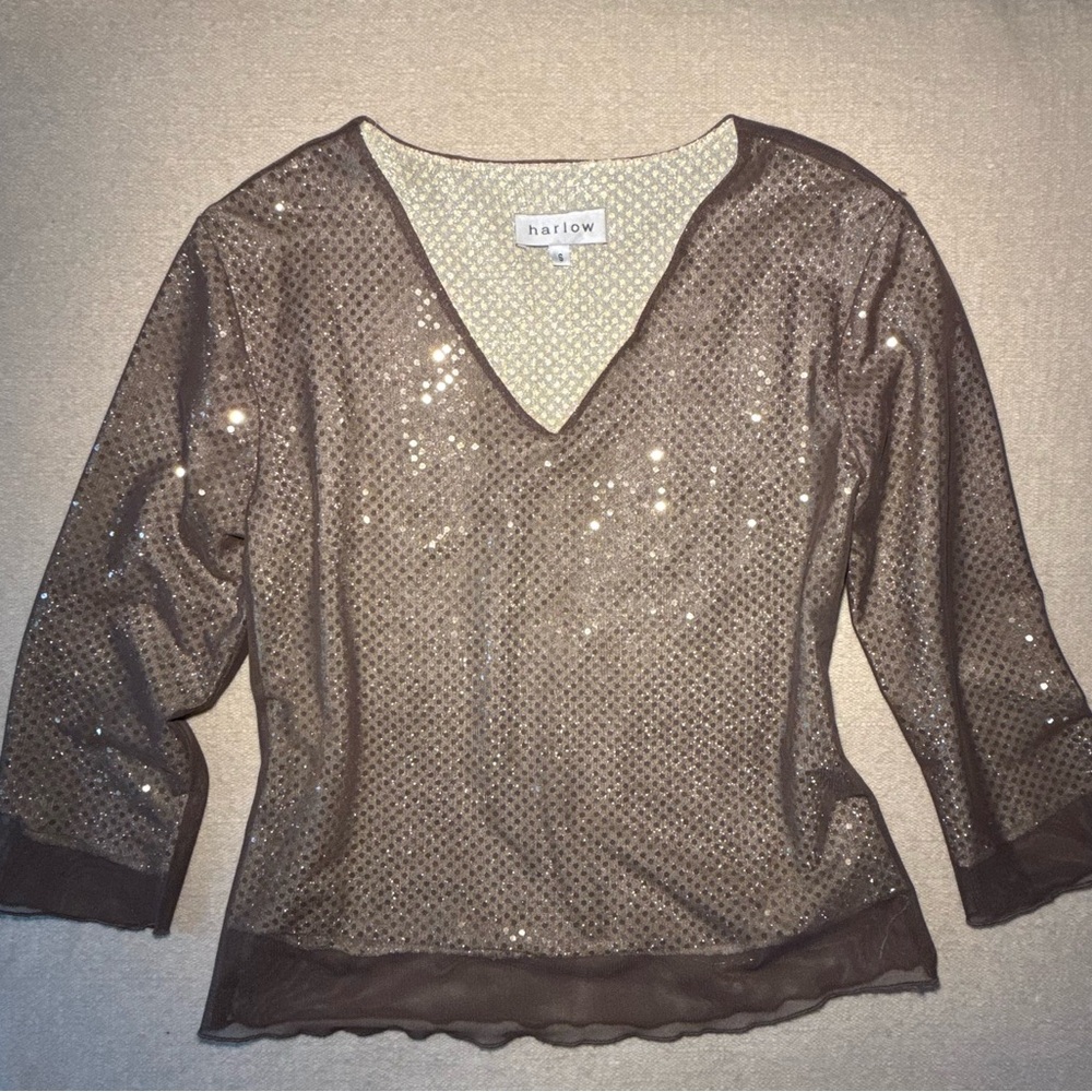 Harlow Vintage 90s Y2K Glitter Sequin Brown Micro Mesh V-neck Party Blouse Top M